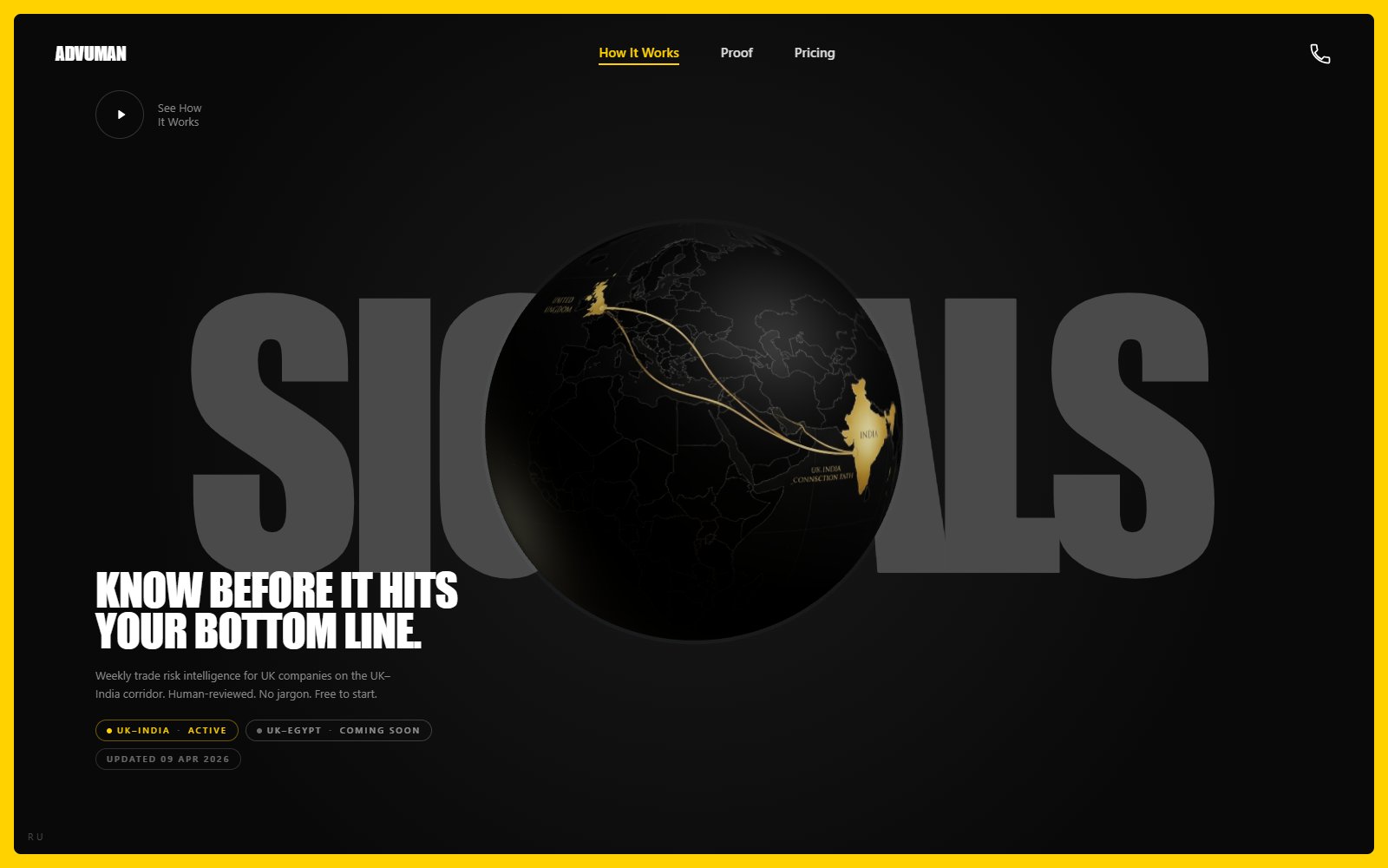 Advuman's hero: a dark globe with a gold UK-to-India route behind giant grey SIGNALS lettering and the line 'Know before it hits your bottom line.'