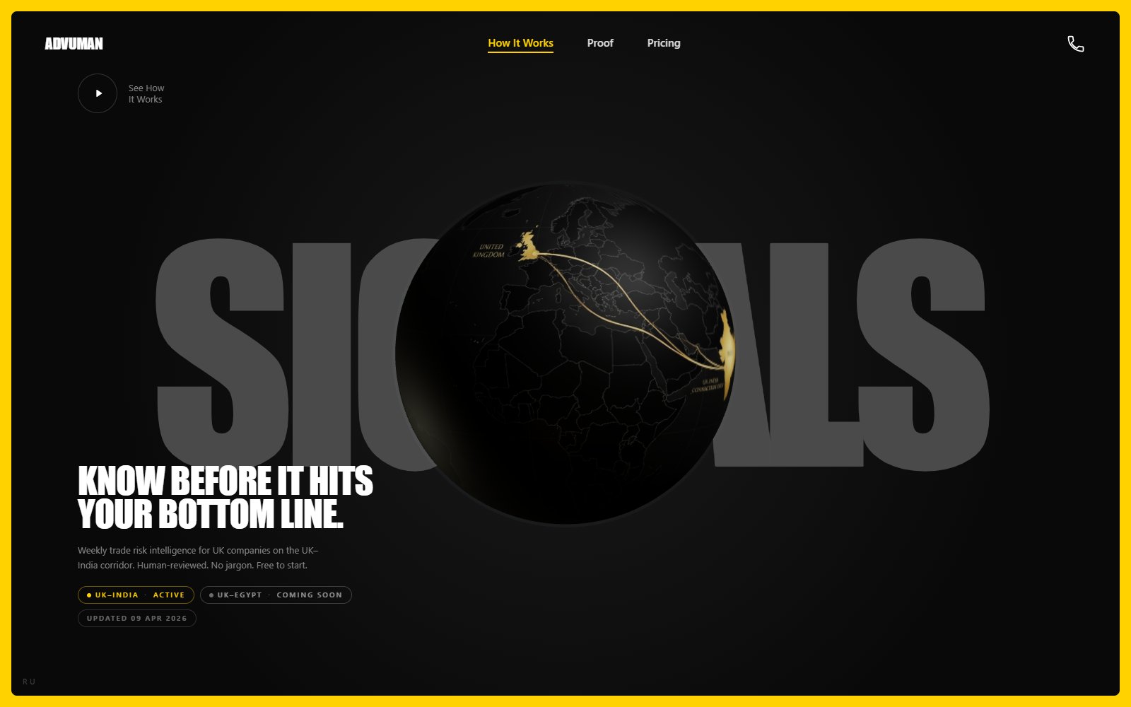 Advuman's landing page: a dark globe with a gold arc from the UK to India in front of a huge grey SIGNALS wordmark
