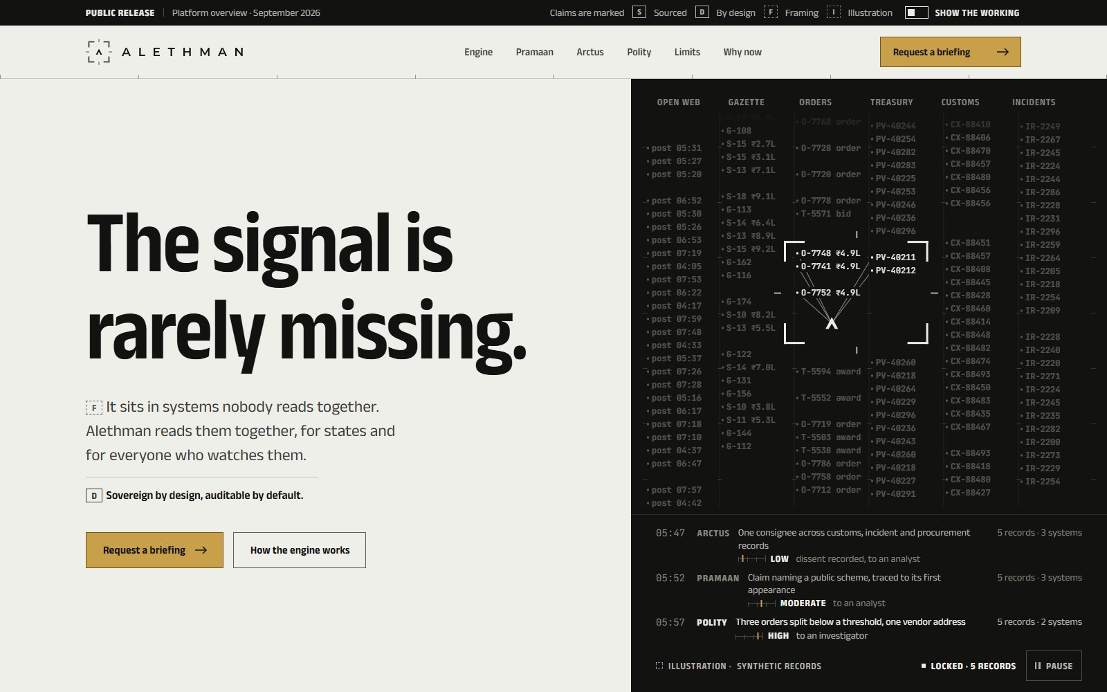 Alethman's homepage: 'The signal is rarely missing.' beside a dark panel of moving record columns and a feed of findings