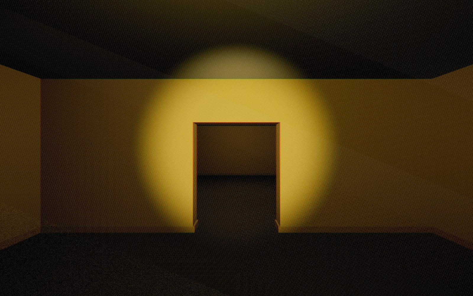 A dim mustard-yellow room in film grain, a flashlight pool on the far wall around a doorway into darkness