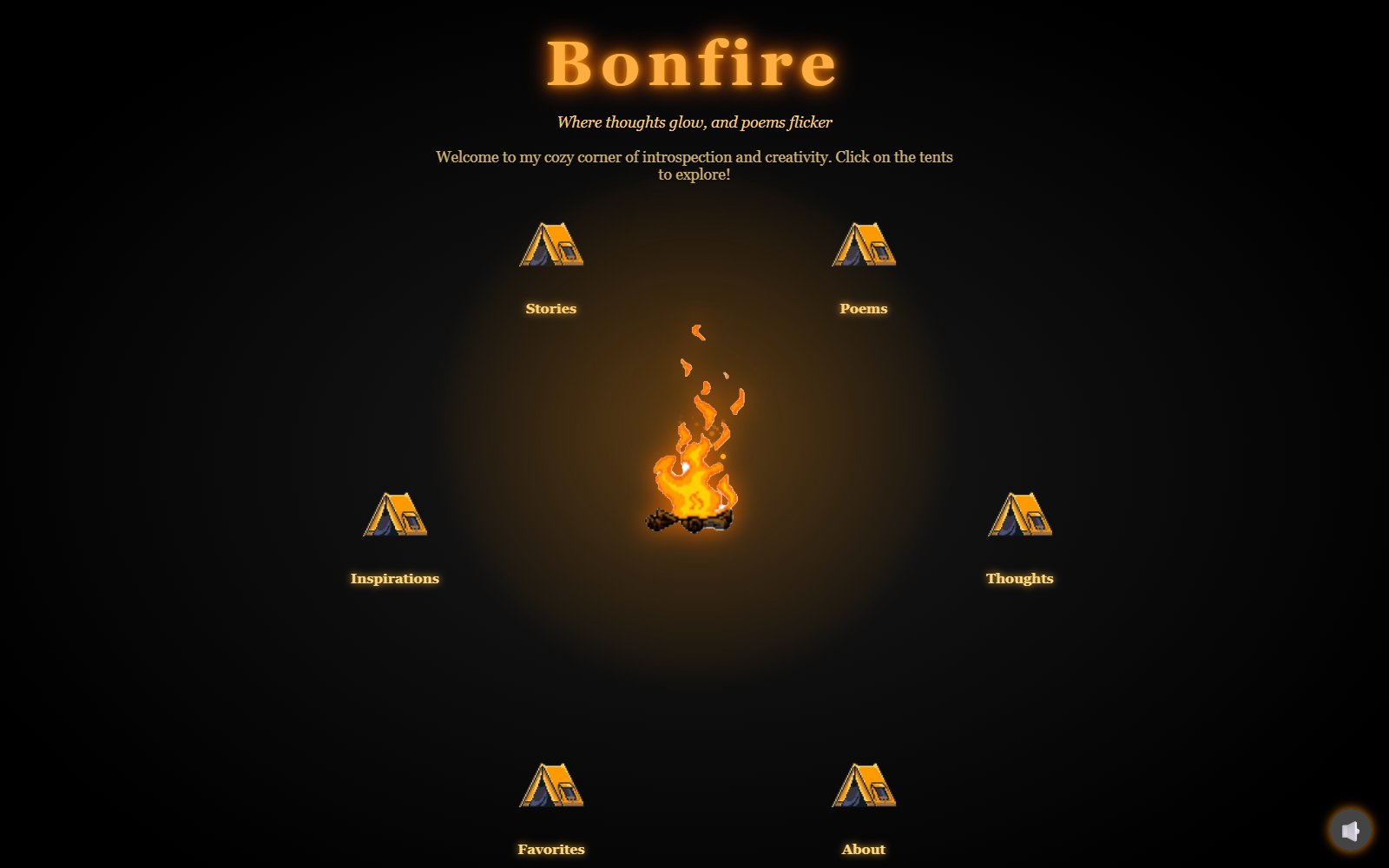 Bonfire: a glowing orange title over a pixel-art campfire ringed by six tents labelled Stories, Poems, Inspirations, Thoughts, Favorites and About