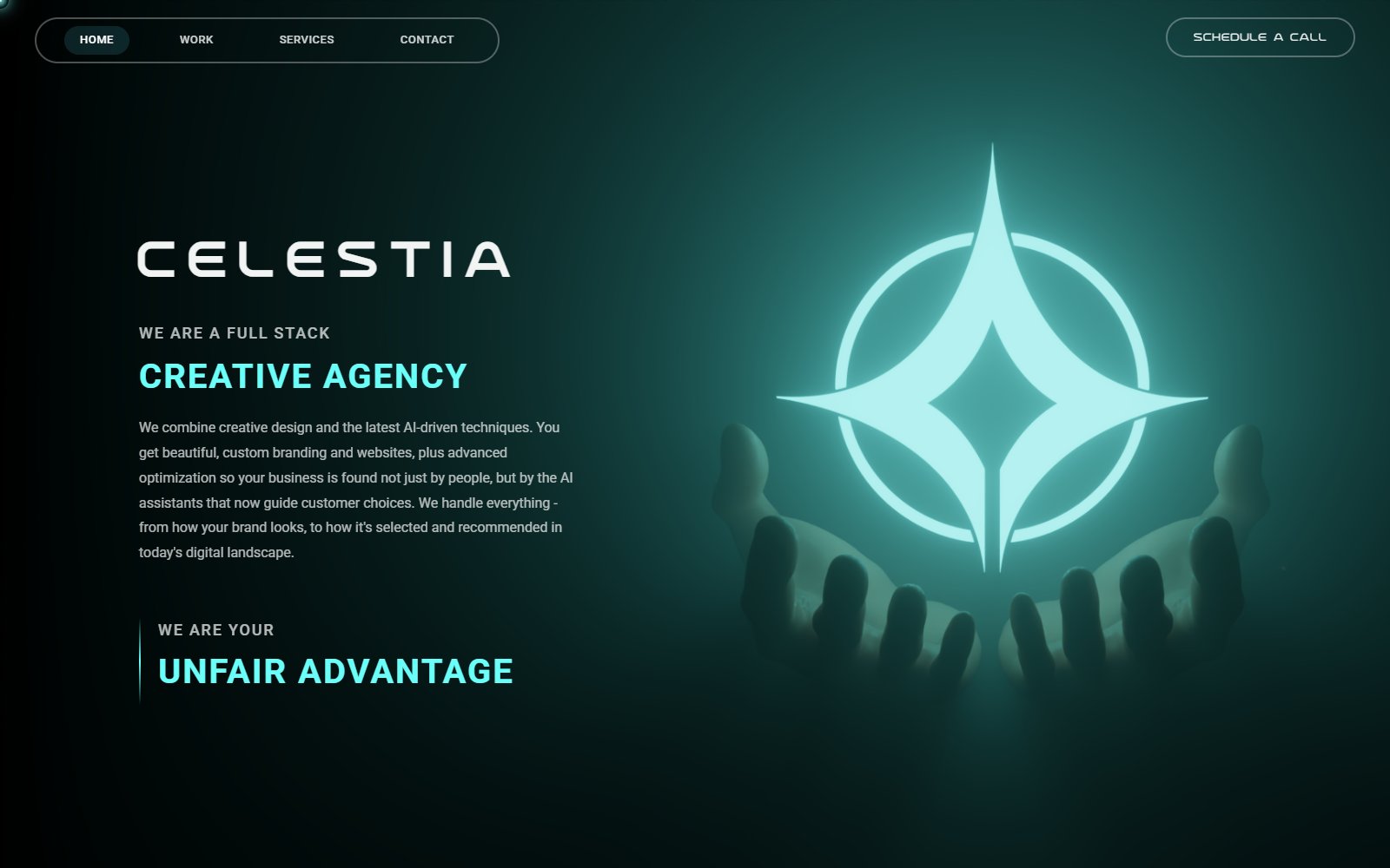 Celestia's hero: the CELESTIA wordmark and 'We are a full stack creative agency' beside a glowing teal star held in two hands