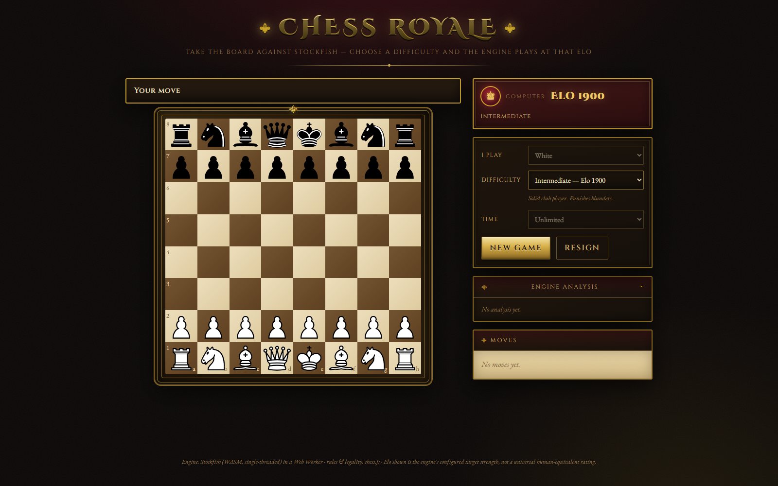 Chess Royale: a brown and cream board in the starting position beside a panel set to Elo 1900, playing White