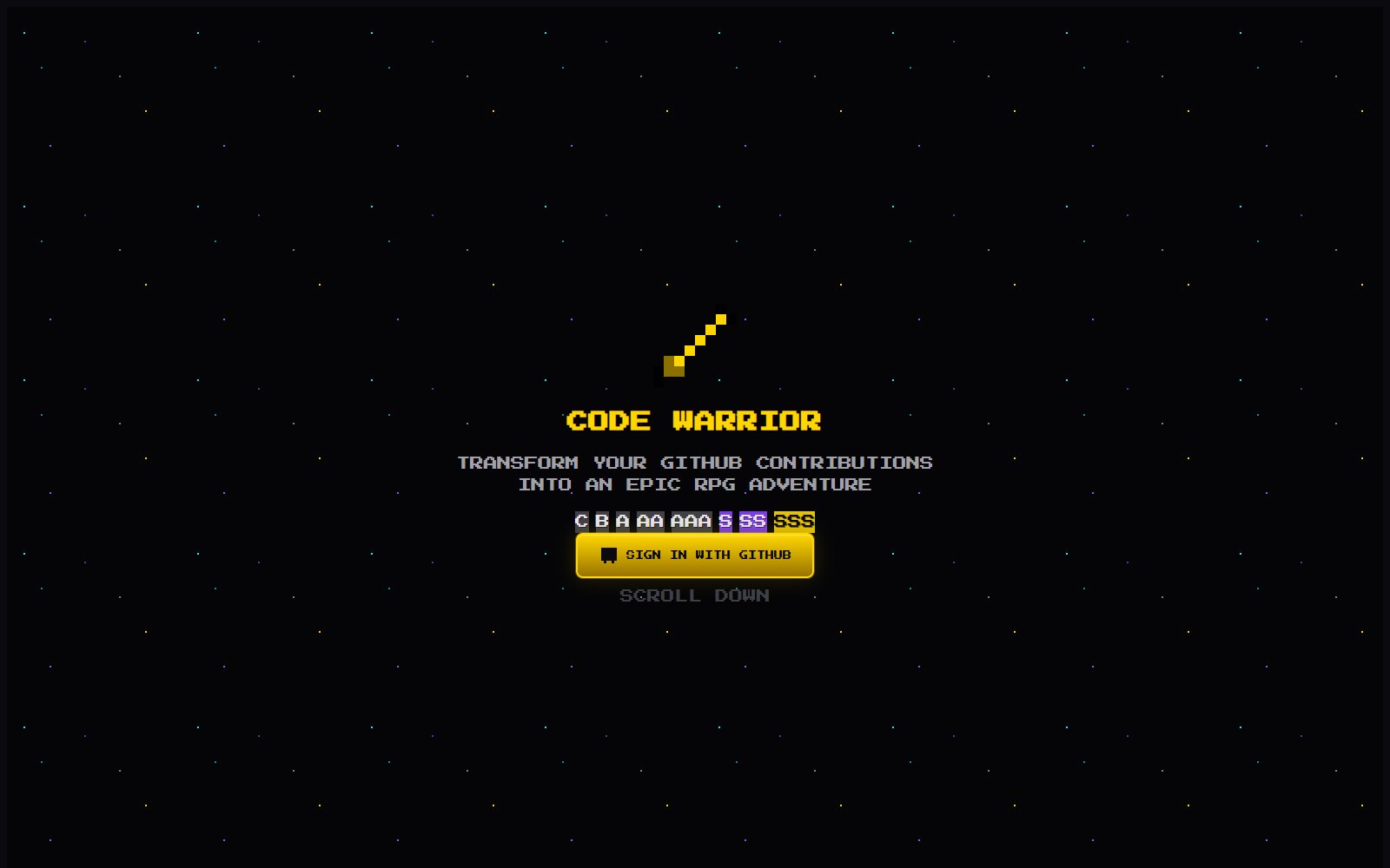 Code Warrior's pixel-art title on a starfield, a row of ranks from C to SSS and a Sign in with GitHub button