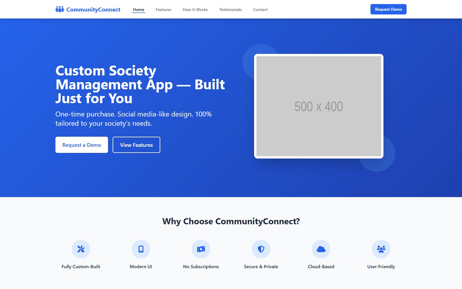 CommunityConnect's hero on a blue gradient: 'Custom Society Management App — Built Just for You' with demo and feature buttons