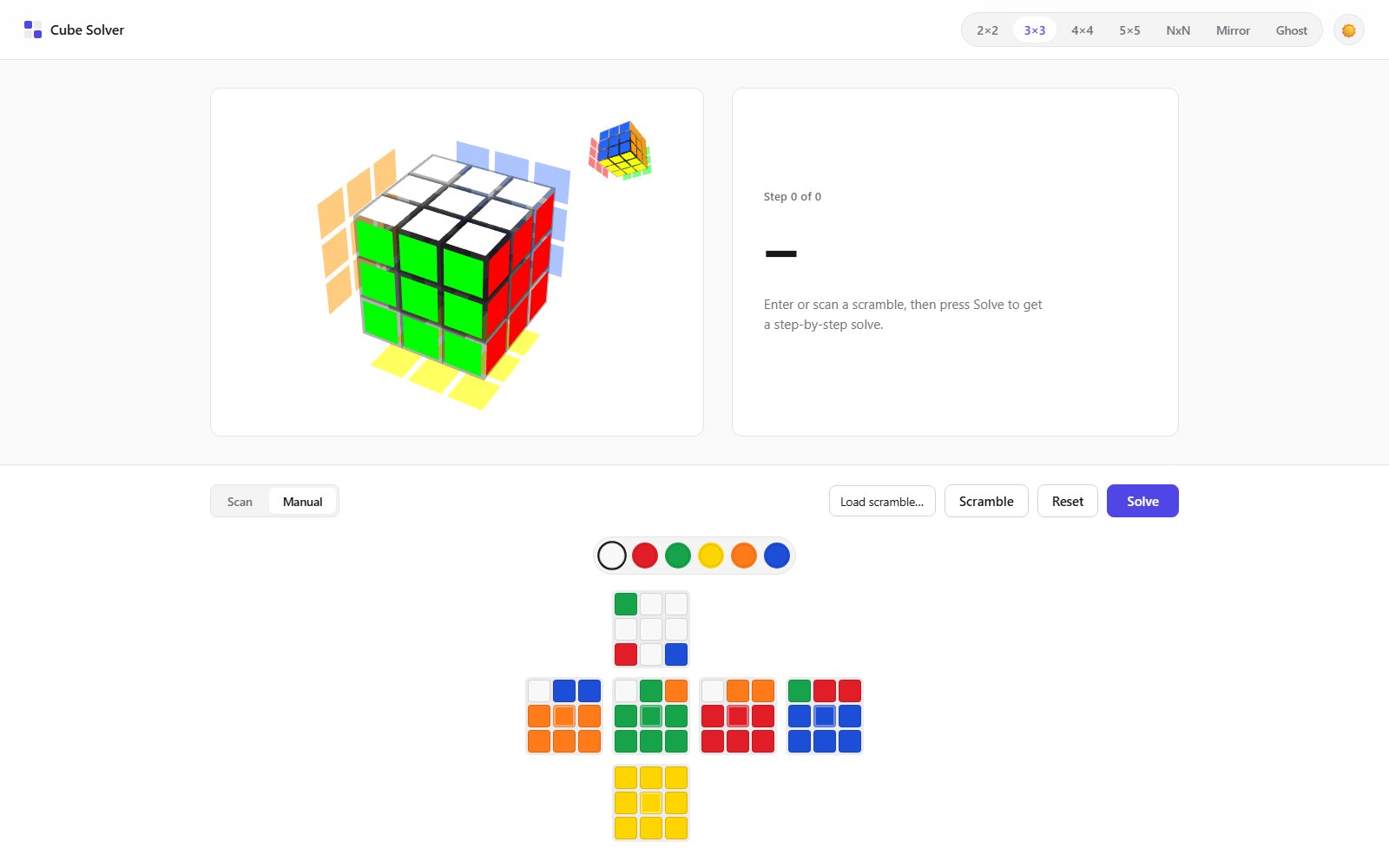 Cube Solver: a 3D cube and an unfolded colour net with Scramble and Solve buttons