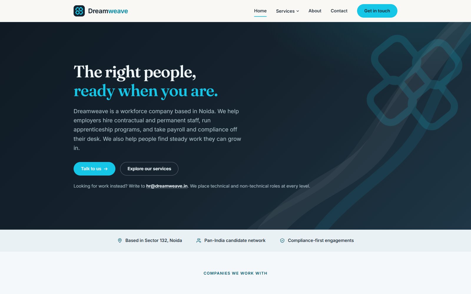 Dreamweave's homepage: a navy hero reading 'The right people, ready when you are.' beside a large cyan woven knot