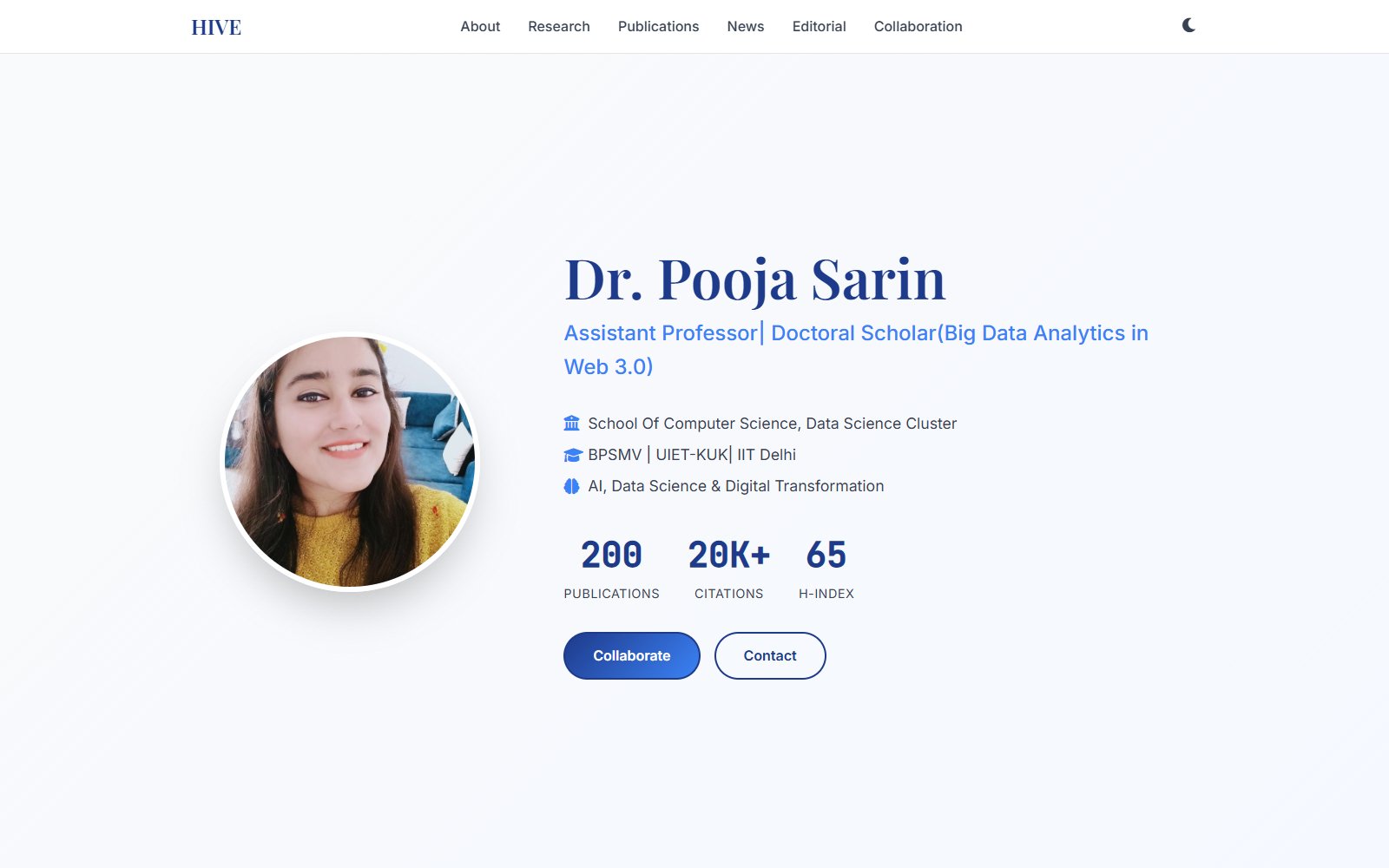 HIVE's hero: a round portrait of Dr. Pooja Sarin beside her name, title, affiliations and publication counters
