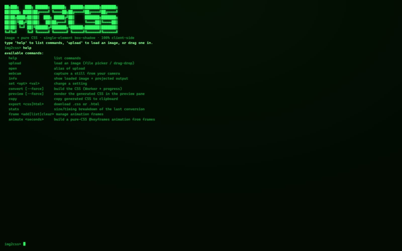 img2css: a green-on-black terminal listing its commands