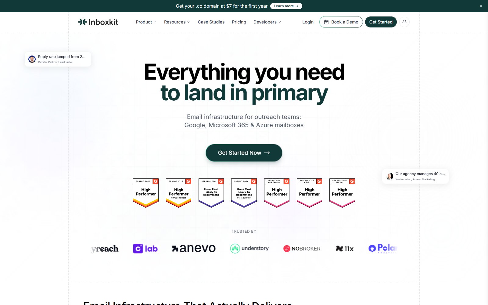 InboxKit's homepage: 'Everything you need to land in primary' with a Get Started button and a row of G2 badges