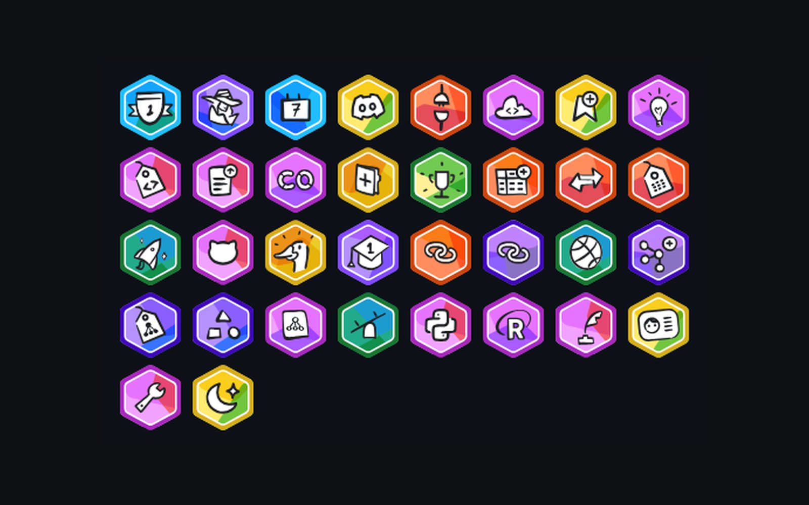 A grid of 34 colourful hexagonal Kaggle badges