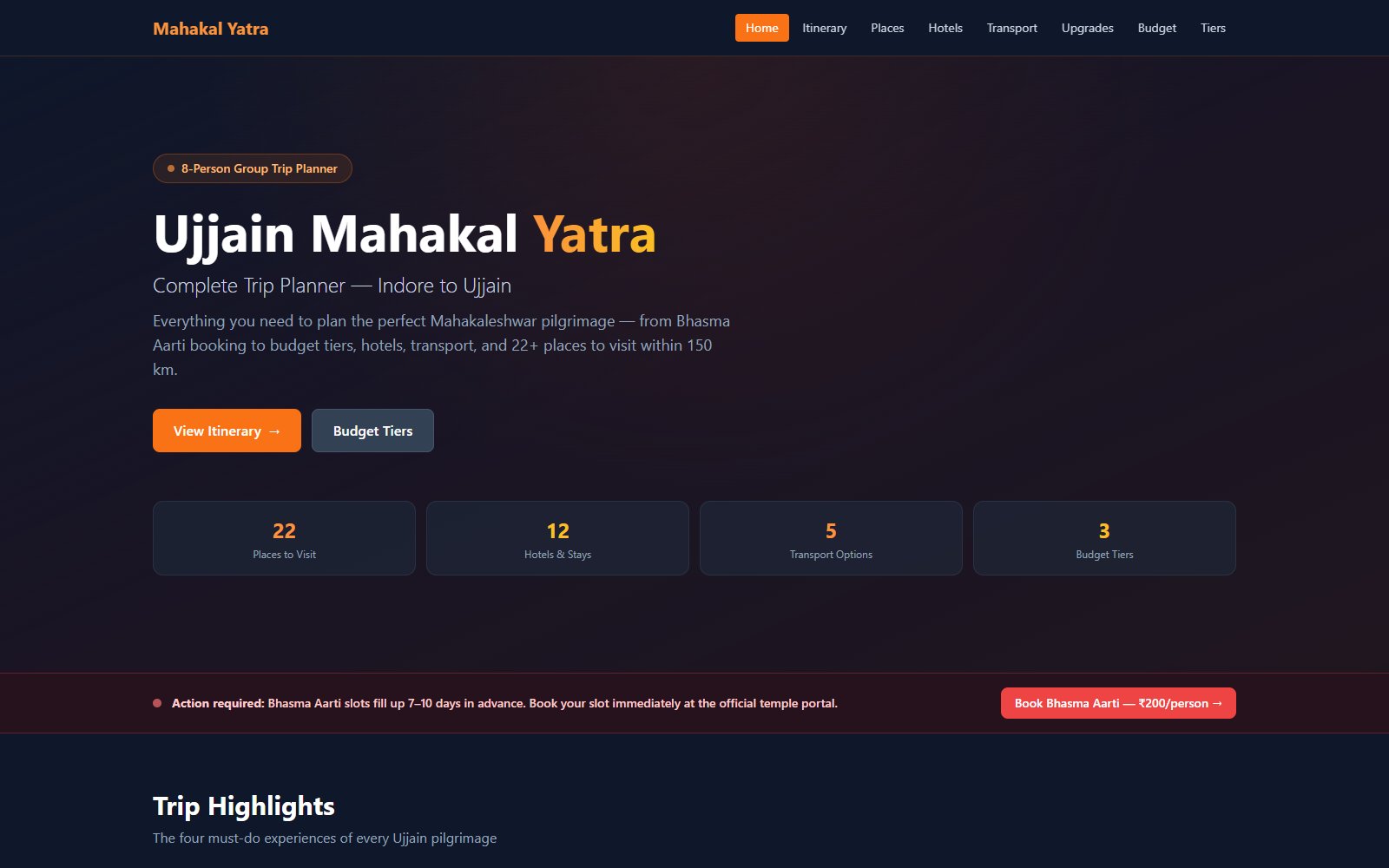 Mahakal Yatra's homepage: 'Ujjain Mahakal Yatra, Complete Trip Planner — Indore to Ujjain' with cards for places, hotels, transport and budget tiers