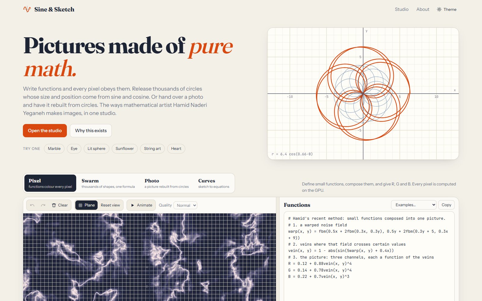Sine & Sketch: 'Pictures made of pure math.' beside a polar rose, above a marble-vein picture and the functions that draw it