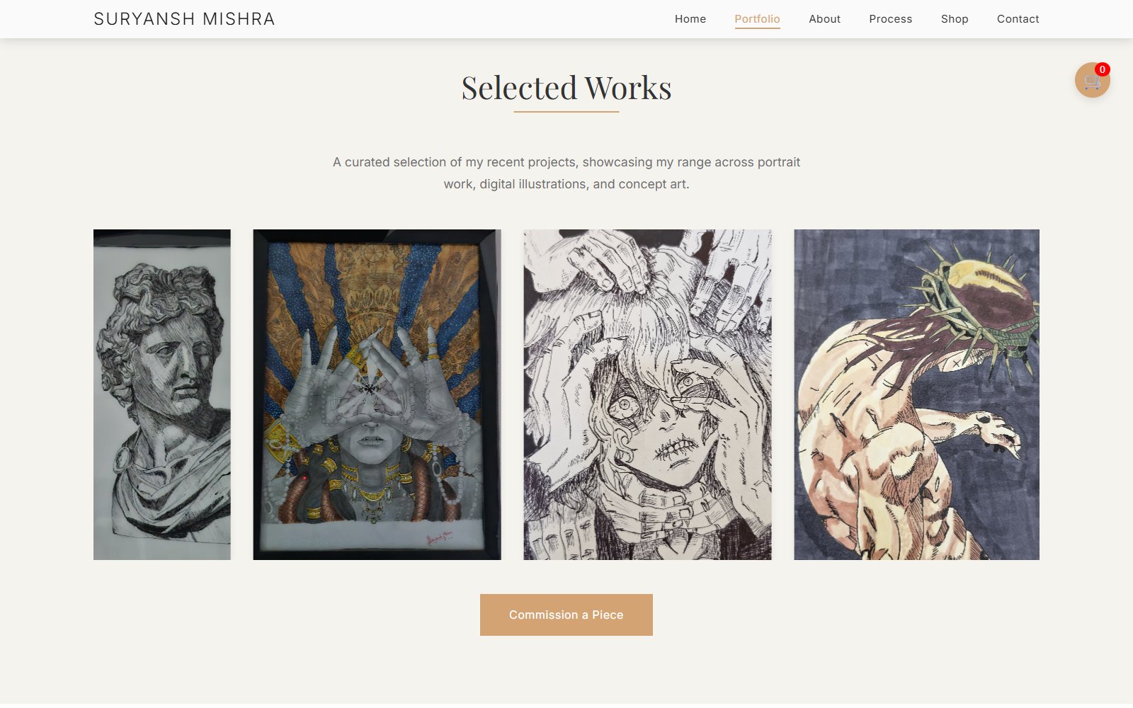 Selected Works: a pencil study of a classical bust, a painted figure before a gold and blue mandala, an ink manga drawing, and a marker illustration of a muscled figure