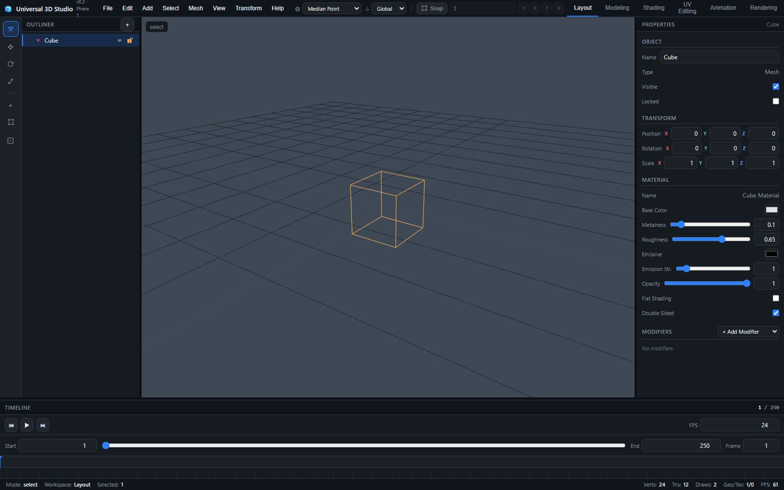 Universal 3D Studio's editor: an outliner, a 3D viewport with a cube, a properties panel and a timeline