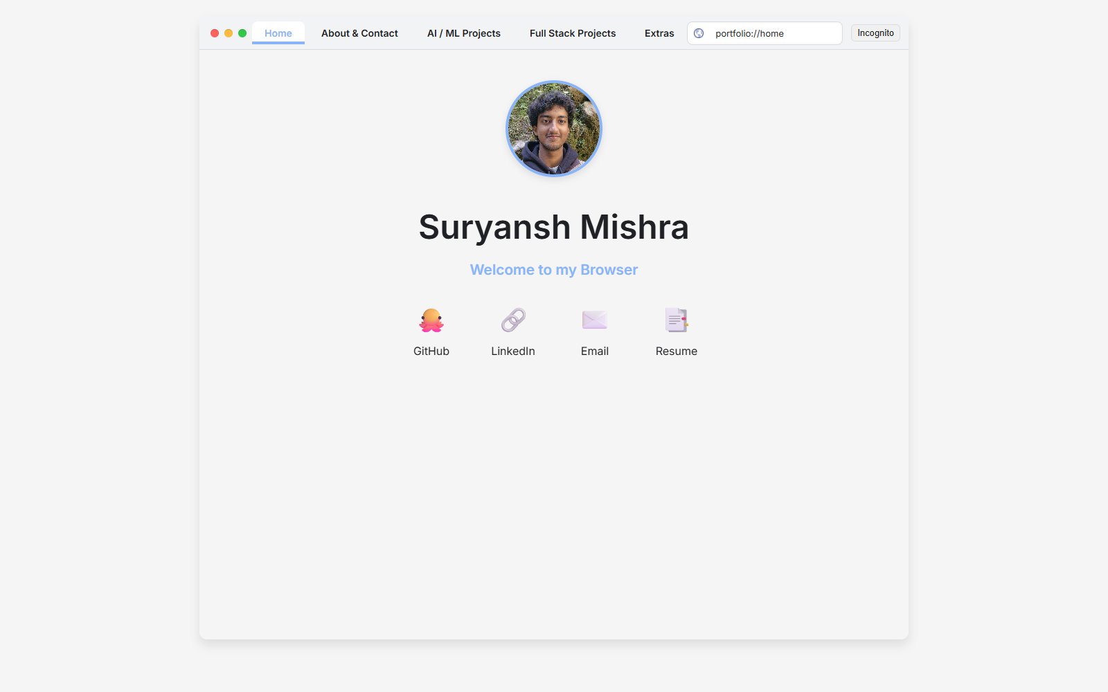 A Chrome-style window with tabs, a portfolio://home address bar and an Incognito button, showing a photo, a name and links