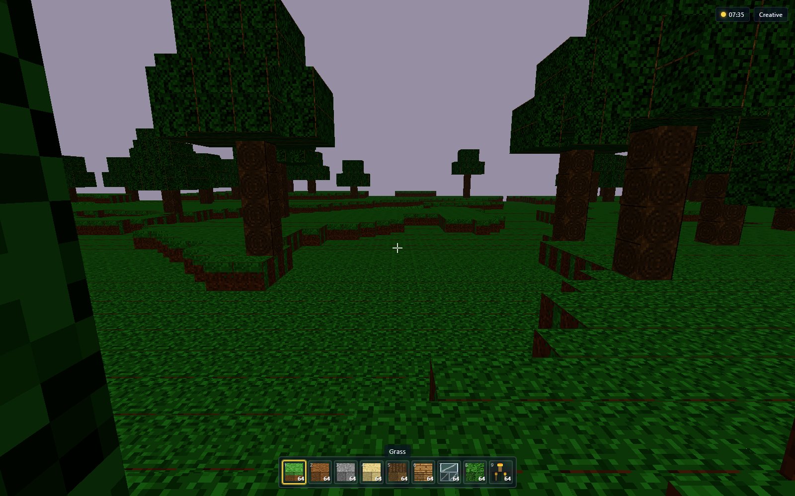 VoxelCraft in Creative mode: blocky grass terraces, large oak trees, a lavender sky and a hotbar of blocks